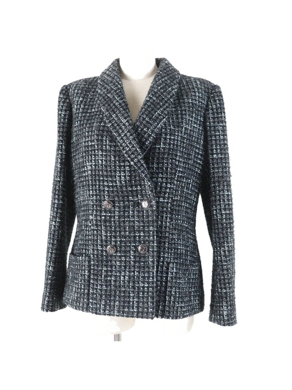 Chanel 22B Pre Collection CC Logo Tweed Jacket Black with Buttons Turquoise 38